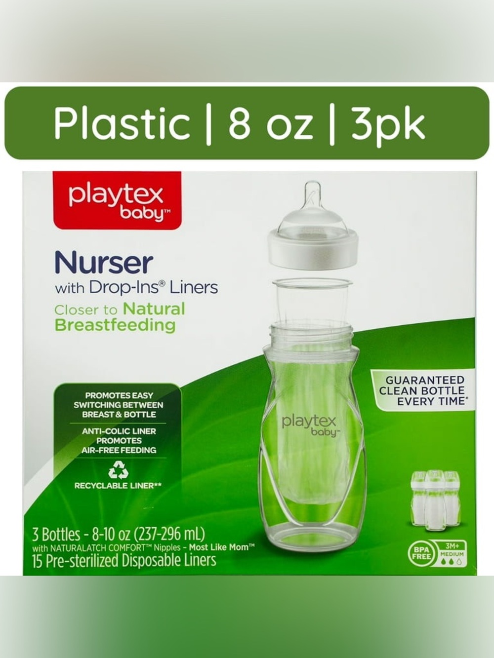 Playtex Green Nurser with Drop-Ins Liners 8 oz - 3 Pack